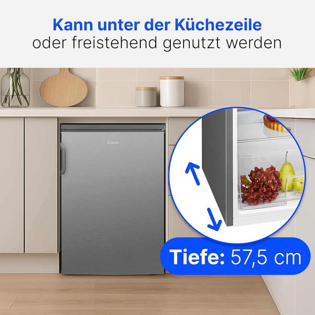 Bomann Réfrigérateur 133L inox VS2195-1-inox, Capacité nette : 133 litres, éclairage intérieur à DEL, Contr?le de la température en continu, 3 clayettes en verre