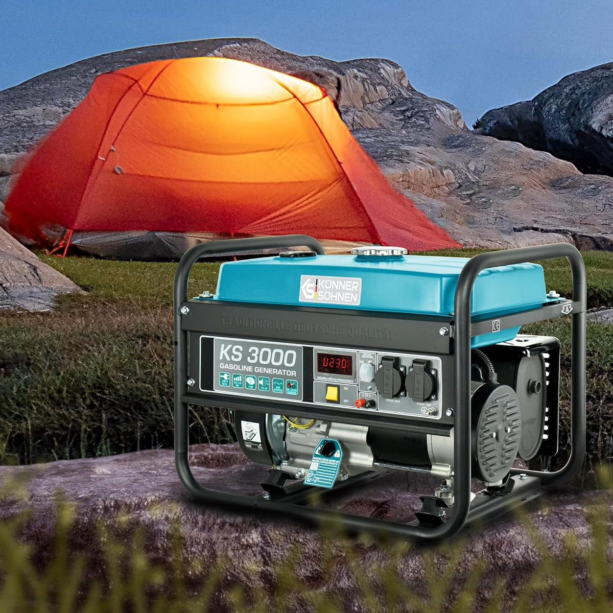 Groupe électrogène à essence KS 3000 puissance max 3000 W, prises Schuko 2x16A (230 V), EURO-V, régulateur de tension automatique (AVR),moteur électrique enroulement 100% cuivre,generateur de courant