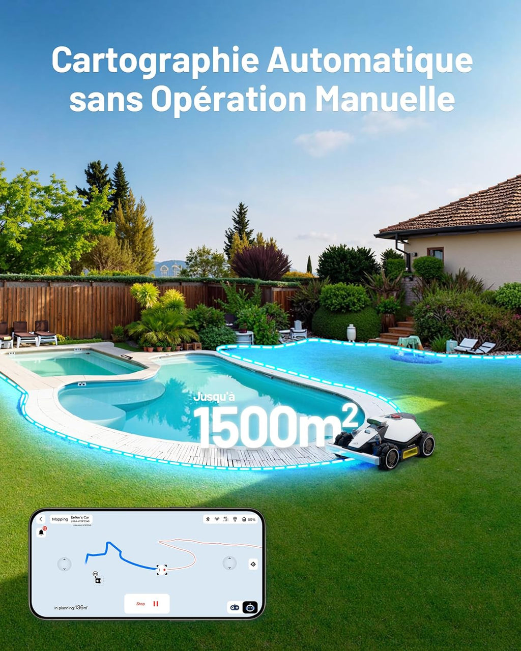 MAMMOTION LUBA Mini AWD 1500 Robot Tondeuse sans Fil Périphérique, NetRTK+Vision, Aucune Antenne RTK Requise, Recommandé 1500m2, Max. 1800m2, Pentes à 80%, avec Module 4G