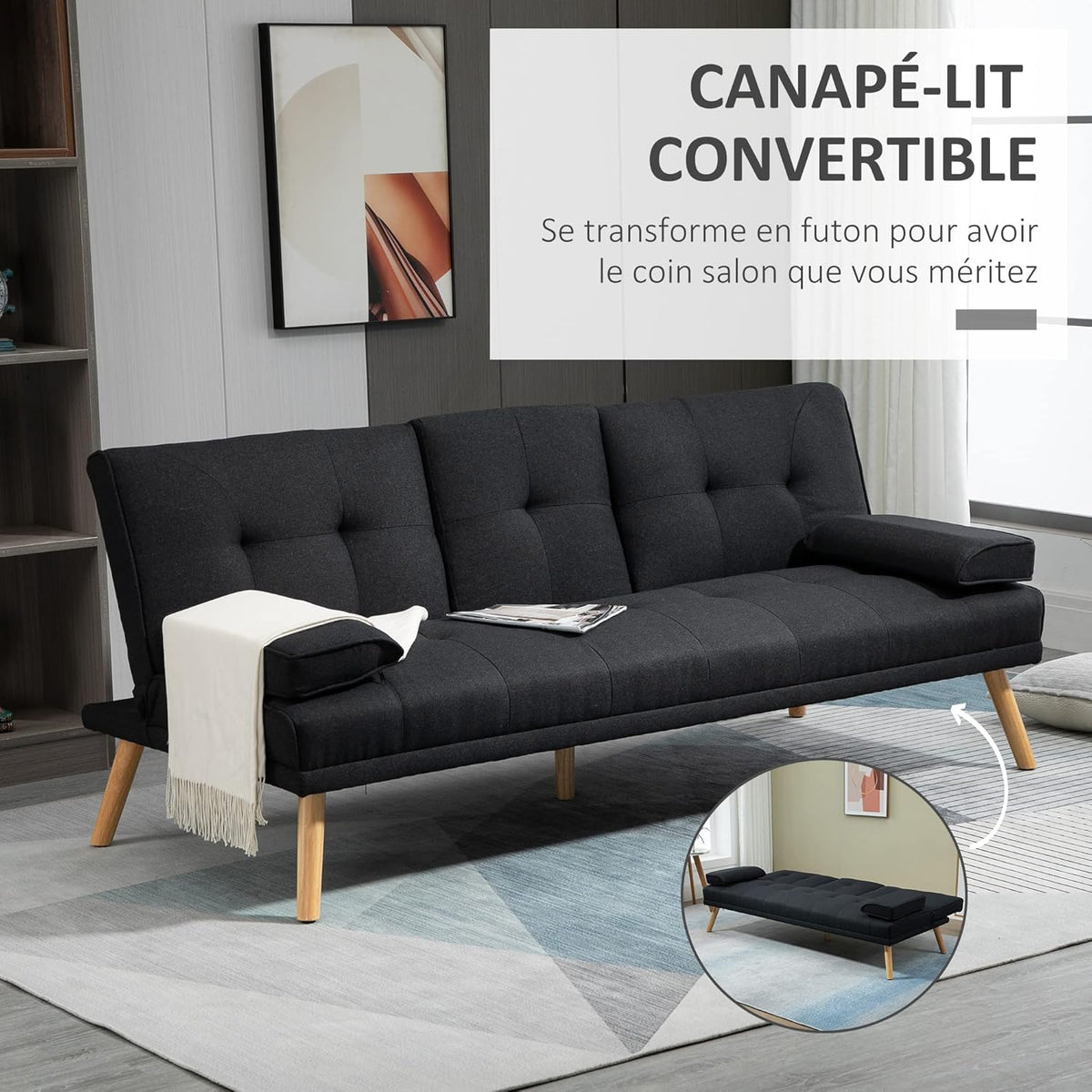 HOMCOM Canapé Convertible 3 Places Design scandinave Inclinaison Dossier réglable 3 Niveaux Dossier Centrale Rabattable 2 Porte-Verres Bois Massif Lin Gris