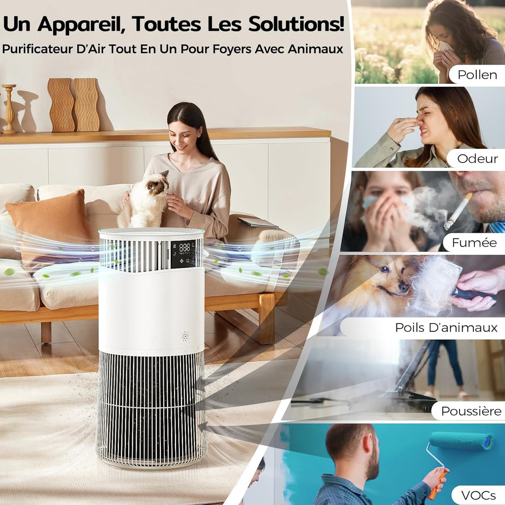 Amicura P2 Purificateur d'air Hepa pour Animaux et Personnes Allergiques, 843 m3/h CADR Contre les Poils d'animaux, Filtre Hospitalier H13 Hepa, 450 m3/h de Particules, Contr?le par App