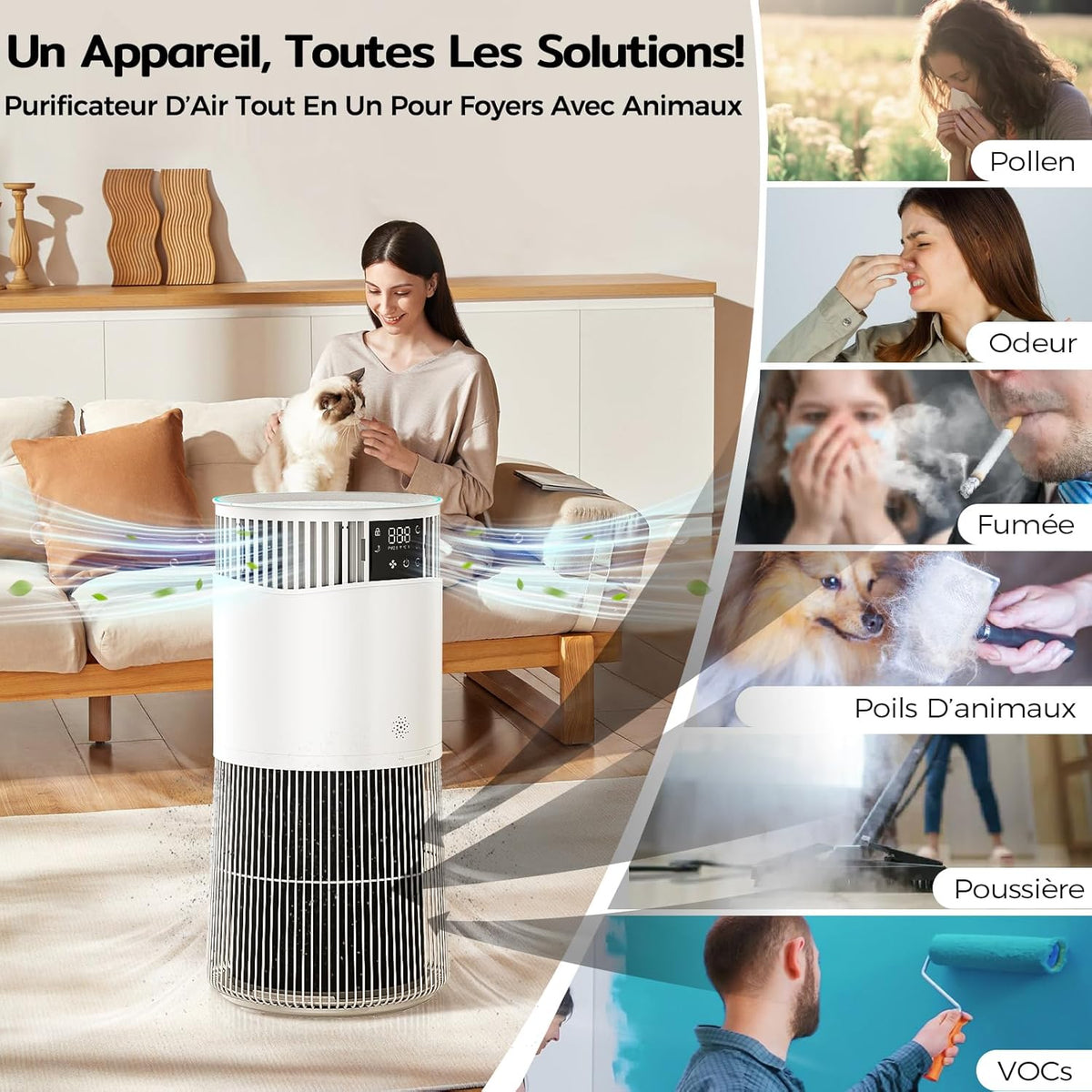 Amicura P2 Purificateur d'air Hepa pour Animaux et Personnes Allergiques, 843 m3/h CADR Contre les Poils d'animaux, Filtre Hospitalier H13 Hepa, 450 m3/h de Particules, Contr?le par App