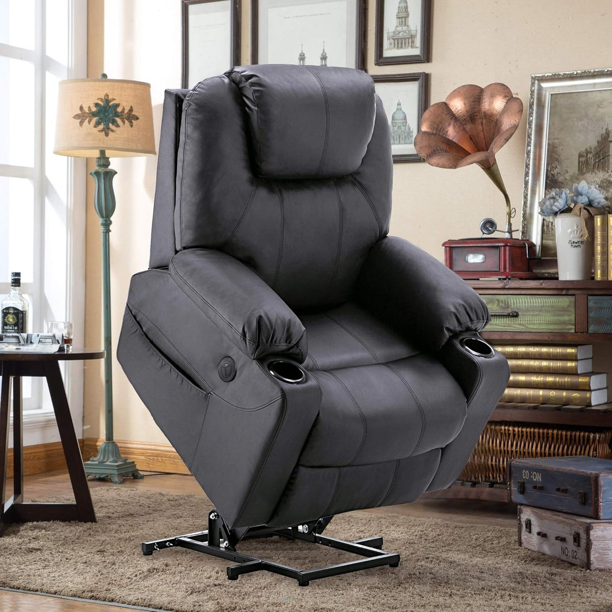 Aide à l'arrimage électrique MCombo, Fauteuil TV, Fauteuil Relaxant, Massage, Chauffage, Connexion USB réglable électriquement, Simili cuir, Noir