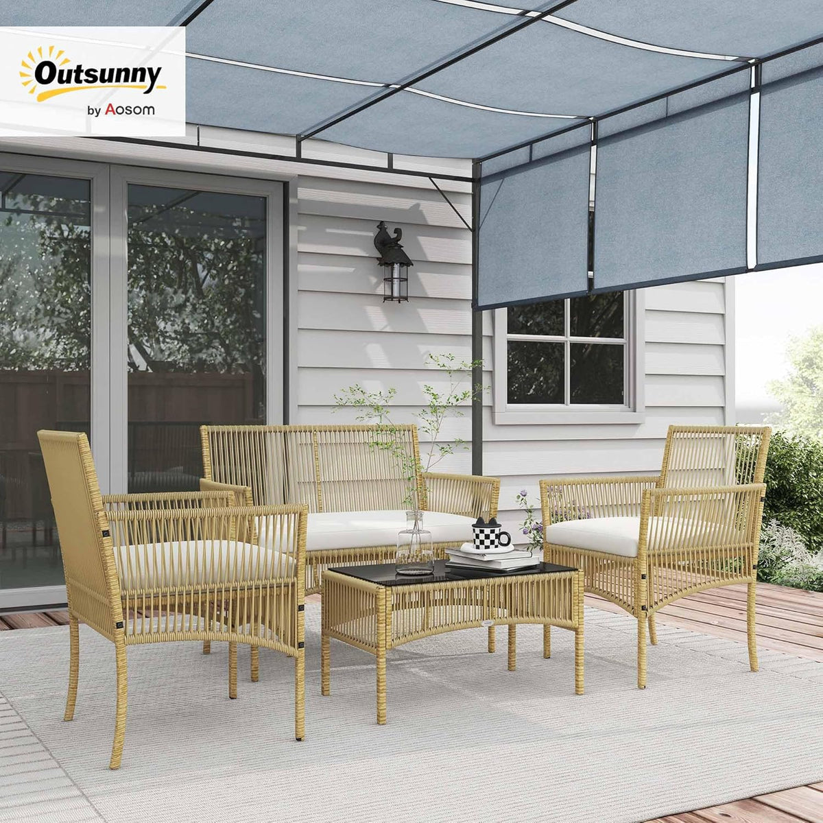 Outsunny Salon de Jardin extérieur 4 pièces canapé 2 Places + 2 fauteuils + 1 Table Basse Plateau Verre trempé Noir 3 Coussins d'assise - métal et résine tressée - Beige