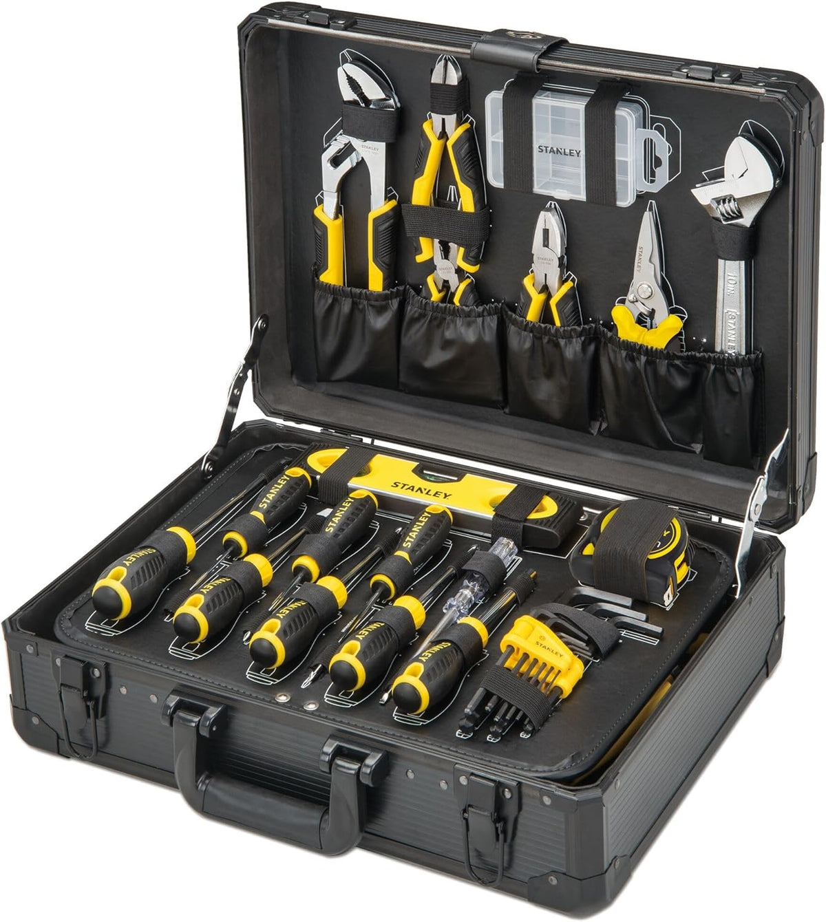 STANLEY Valise de Maintenance 142 Pièces - Pinces et Coupe-Touts, Clé à Molette, Niveau, Mesure, Tournevis, Scie à Métaux, Cutter, Marteau, Outils pour Serrage-Vissage STMT98109-1