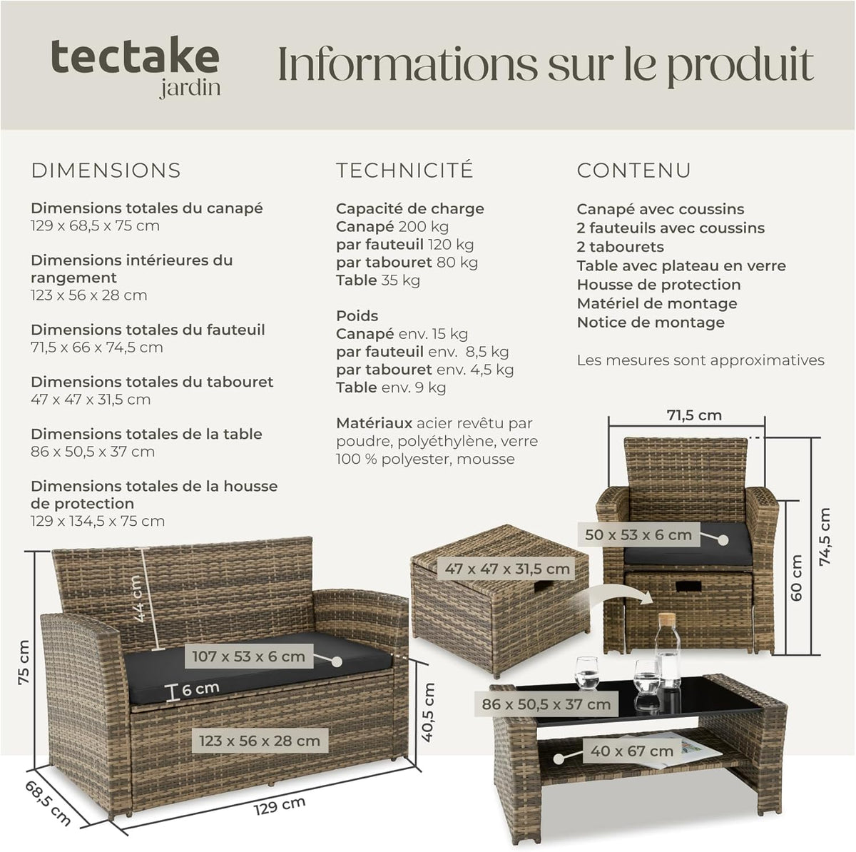 TecTake? Ensemble Salon de Jardin Exterieur en Poly Rotin 1 Banquette Exterieur 2 Fauteuil 2 Tabouret et 1 Table de Jardin, Mobilier de Jardin pour Amenagement Balcon - Marron Naturel