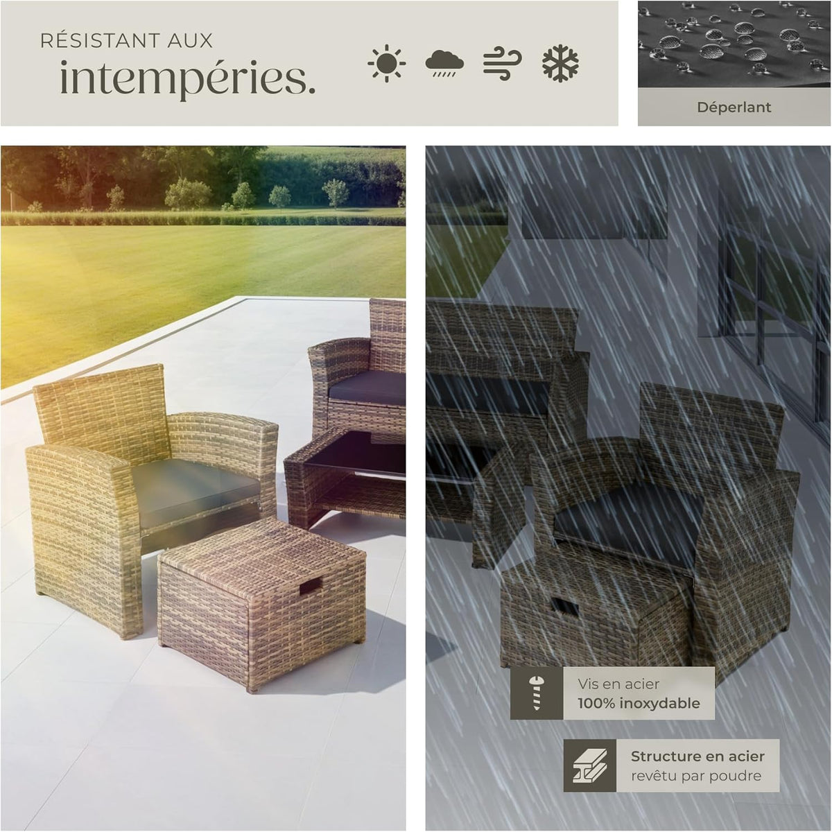 TecTake? Ensemble Salon de Jardin Exterieur en Poly Rotin 1 Banquette Exterieur 2 Fauteuil 2 Tabouret et 1 Table de Jardin, Mobilier de Jardin pour Amenagement Balcon - Marron Naturel