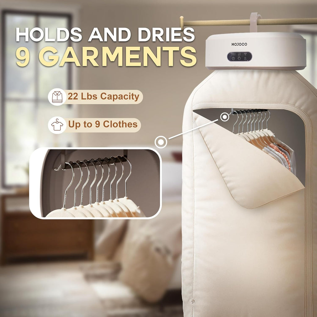 MOJOCO Sèche-linge portable - Sèche-linge mini / compact pour appartement, caravane, voyage, petite machine silencieuse à séchage rapide avec minuterie réglable et chaleur qui réduit les plis