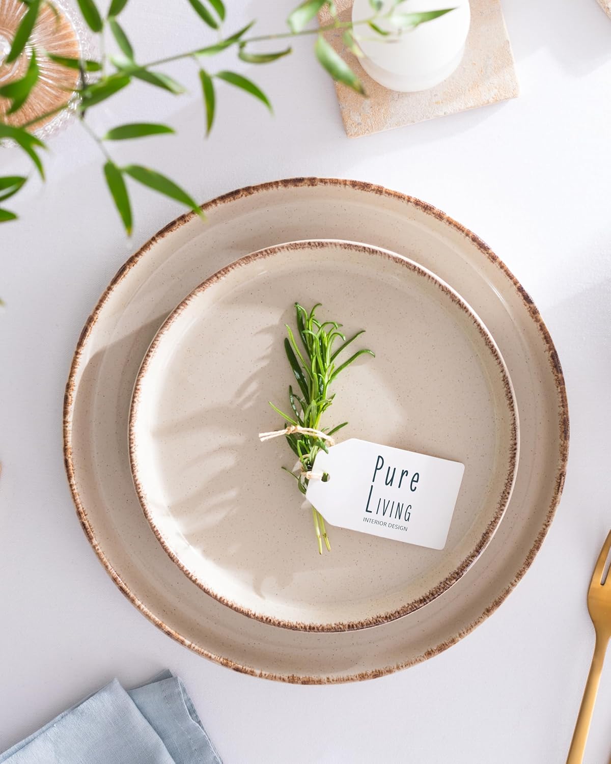 Ensemble Vaisselle en Grès 6 Personnes Rustique 24 pièces - Service de Table Rustique, Lavable au Lave-Vaisselle - Ensemble de Bols et Assiettes - Vaisselle de Table Pure Living en beige