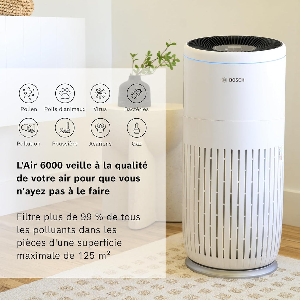Bosch Air 6000 - Purificateur d'air - Pour les pièces jusqu'à 125 m2 - Filtre efficacement plus de 99% des polluants - Un capteur intelligent, modes auto et silence (< 25 dB(A)) - CADR : 600 m3/h