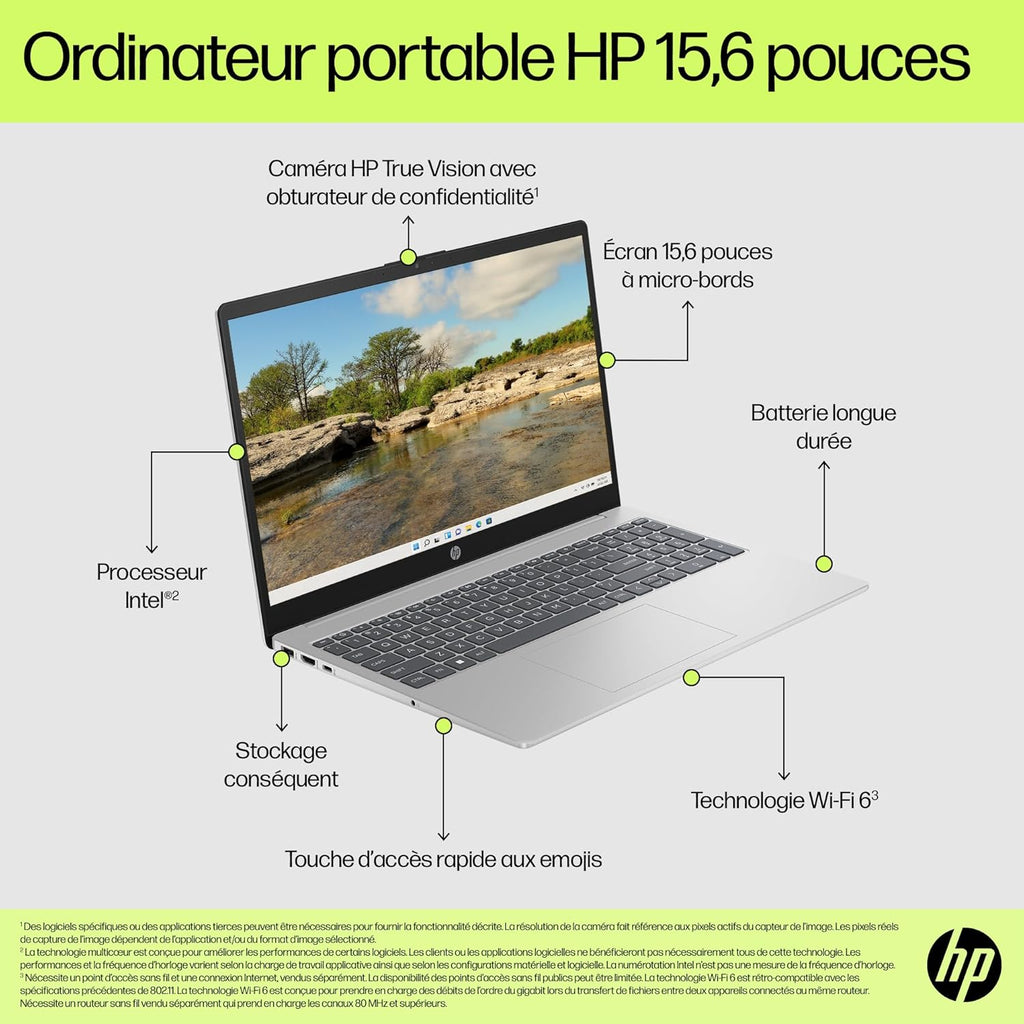 HP 15-fd0004sf Ordinateur Portable 15 6" FHD  PC Portable (Intel Core i3-N305  RAM 8 Go  SSD 512 Go  Intel UHD Graphics  Windows 11)  Laptop Argent  Clavier AZERTY