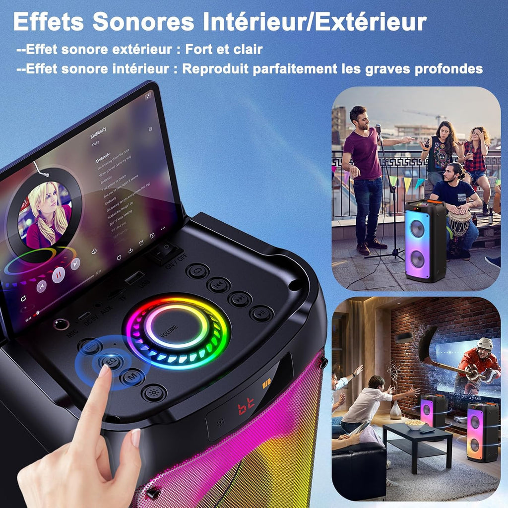 JYX Machine de Karaoké avec 2 Microphones, Karaoke Adulte Bluetooth Portable éclairage RGB, équipement de Karaoké pour Les Fêtes d'amis, Les événements Familiaux, Supporte TF/USB, AUX, FM, REC, TWS