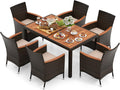 GIANTEX Salon de Jardin 6 Personnes en Rotin et Bois d'Acacia, Table de Jardin Extérieure avec 6 Chaises, Coussins, Trou de Parasol, Pieds Réglables, pour Cour, Pique-Nique, Marron