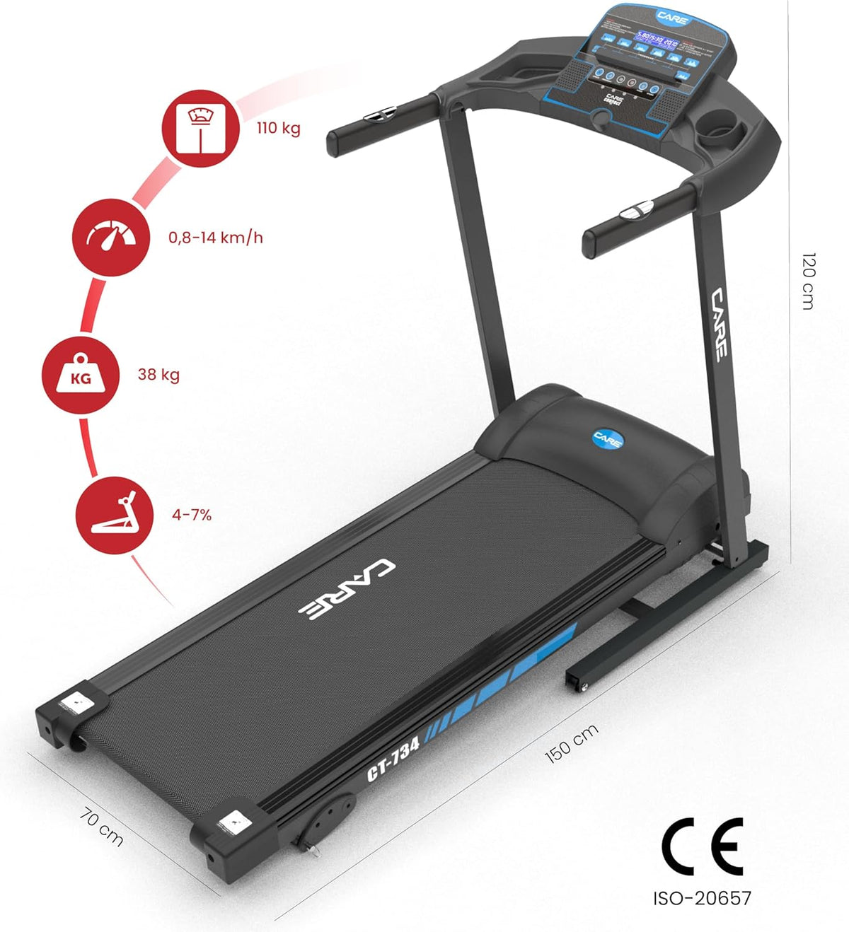 Care Fitness - Tapis de Course connecté -Pliable-Vitesse maximale 14 Km/h- Tapis de Marche électrique Inclinable et Pliable - 12 programmes d’entra?nements -3 inclinaisons