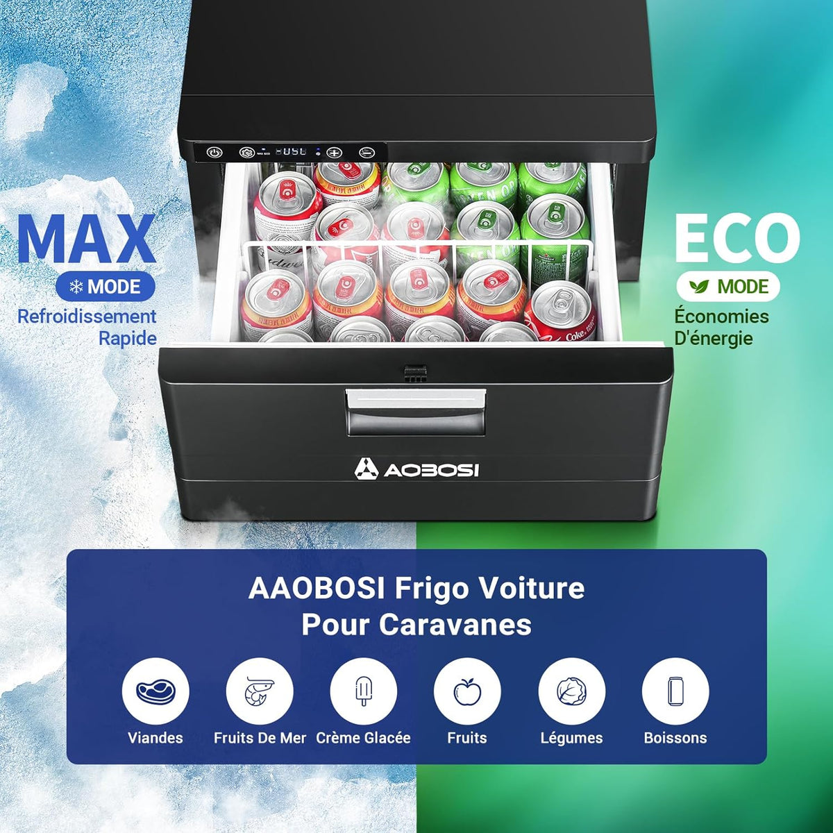 AAOBOSI 31L Tiroir Glaciere Electrique, Glaciere a Compression avec APP, Glaciere Caravane 12V/24V, -20℃ à 20℃ Glacière électrique pour Voiture, Camion, Bateau, Camping-Car