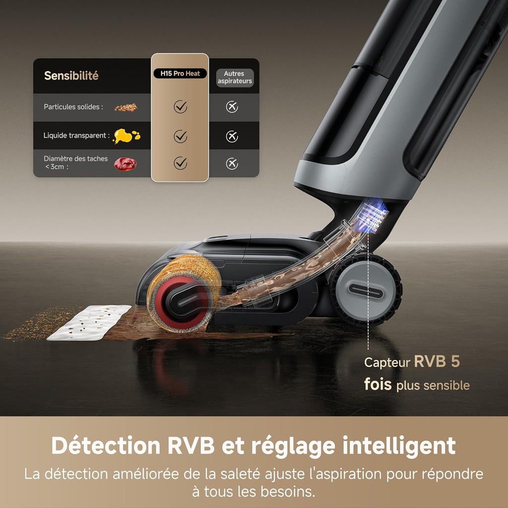 DREAME H15 Pro Heat Aspirateur Laveur, Nettoyage des sols à 85 °C, bras robotisé IA GapFree, capteur RVB intelligent, 22 kPa, 0 n?uds, lavage brosse à 100°C, séchage en 5 min à 90°C,contr?le par appli