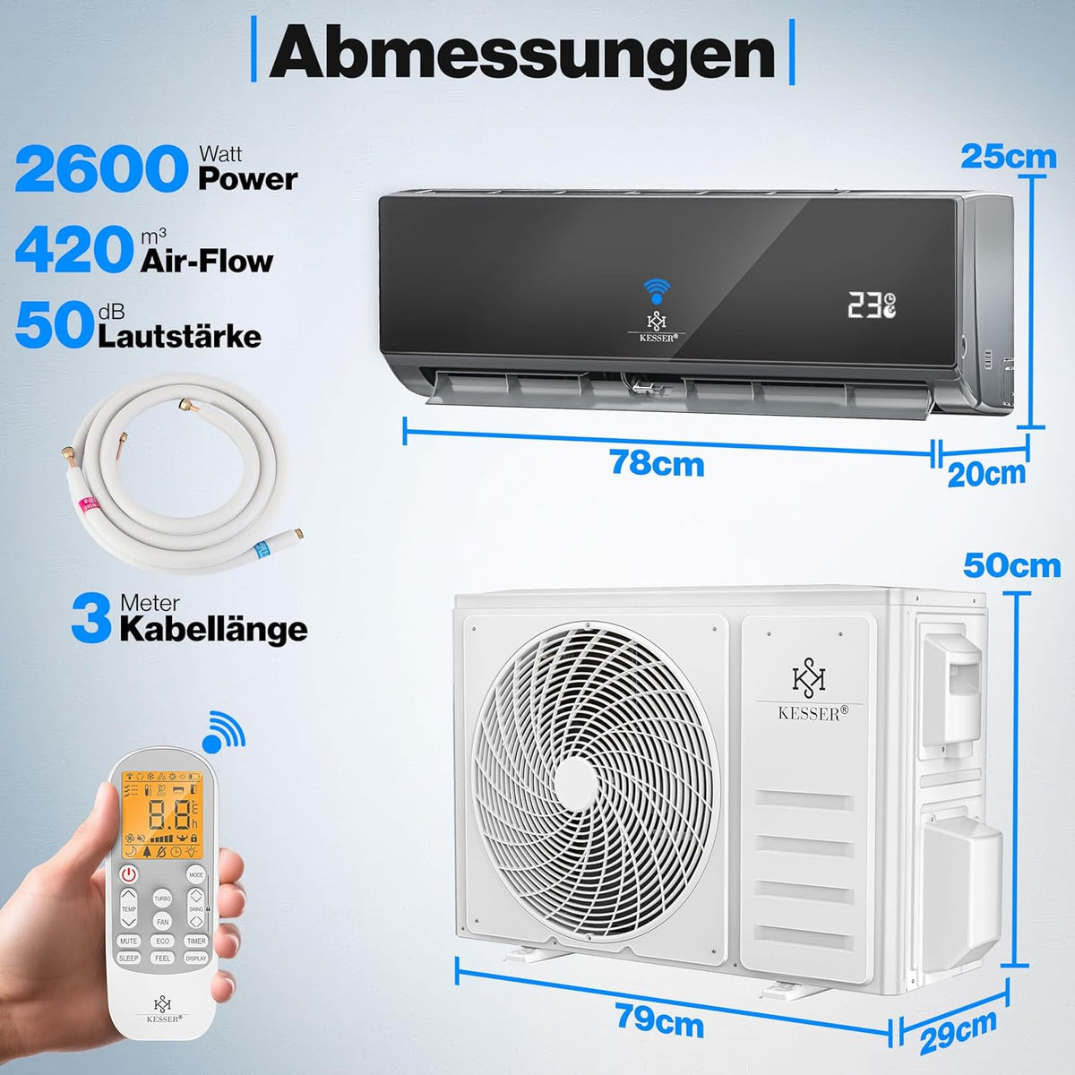 KESSER? Climatisation SET réversible - Climatiseur avec fonction WiFi/Application - Refroidissement A++/ Chauffage A+  Fluide réfrigérant R32 - écran LCD  Split 9000 BTU/h / 2600 Watt - Anthrazit