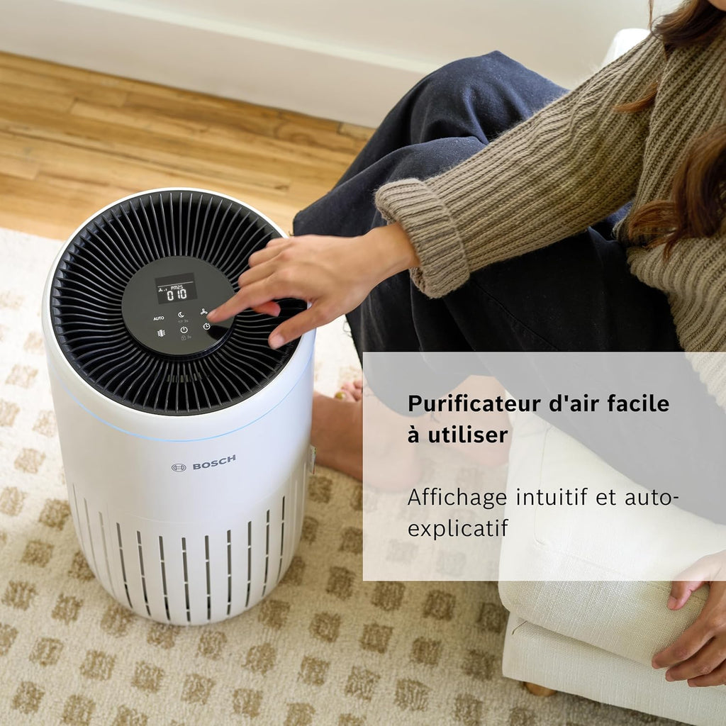 Bosch Air 4000 - Purificateur d'air - Pour les pièces jusqu'à 62,5 m2 - Filtre efficacement plus de 99% des polluants - Un capteur intelligent, modes auto et silence (< 25 dB(A)) - CADR : 300 m3/h