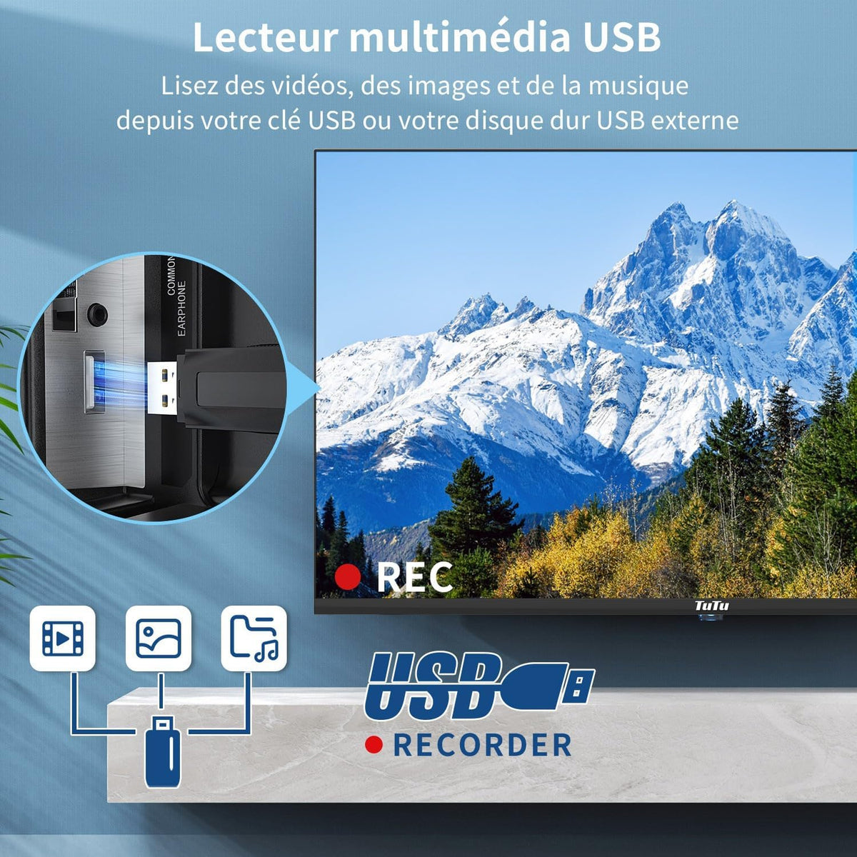 TuTu Téléviseurs 32 Pouces (80 cm) LED Central Pied TV HD Ready Triple Tuner (DVB-C / T2 / S2)  HDMI x2  CI+  Lecteur multimédia USB 2.0  Mode h?tel  Dolby Audio  2024