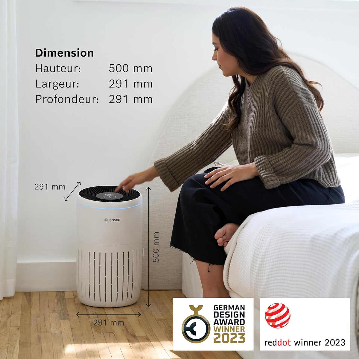 Bosch Air 4000 - Purificateur d'air - Pour les pièces jusqu'à 62,5 m2 - Filtre efficacement plus de 99% des polluants - Un capteur intelligent, modes auto et silence (< 25 dB(A)) - CADR : 300 m3/h