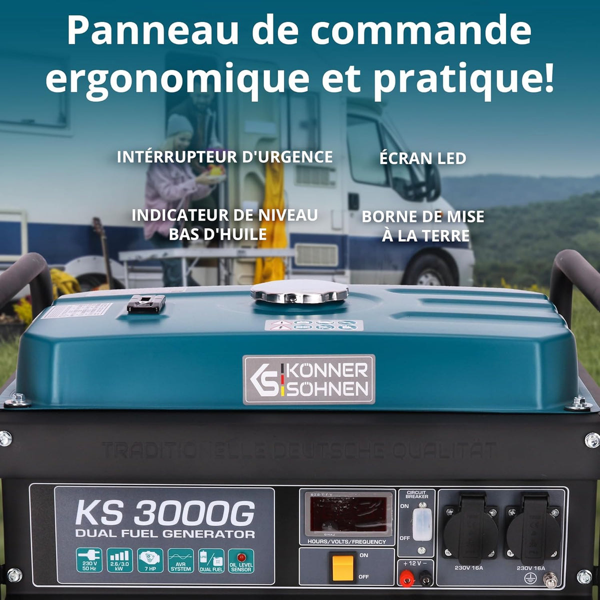 Groupe électrogène à essence KS 3000G generateur a gaz,puissance max 3000 W, 2x16A Schuko (230 V) EURO-V, régulateur de tension AVR,enroulement cuivre,generateur de courant, générateur hybride
