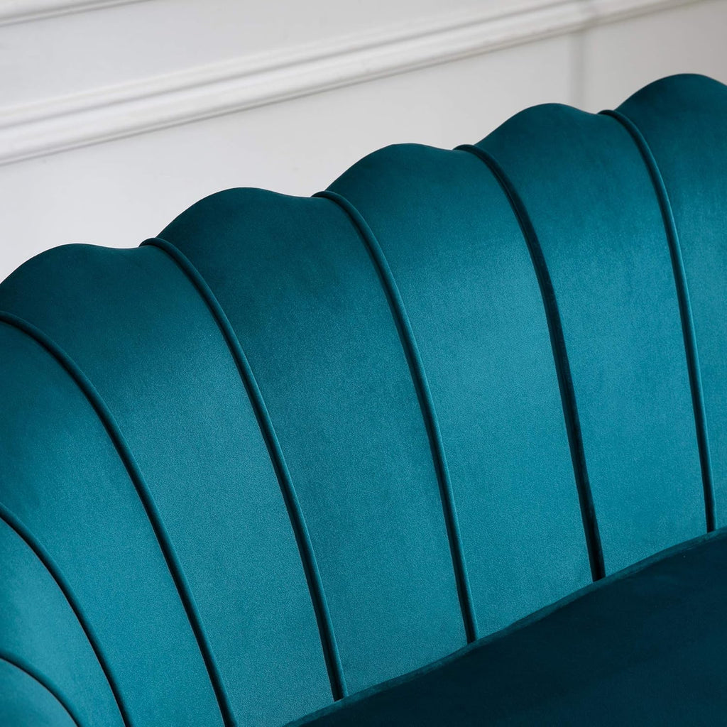 HOMCOM Canapé 2 Places en Tissu Velours, Petit canapé, en Forme de Coquillage, avec Coussin épais de 10 cm, canapé, Structure en métal, Pieds dorés effilés, Facile à Assembler, Bleu Canard