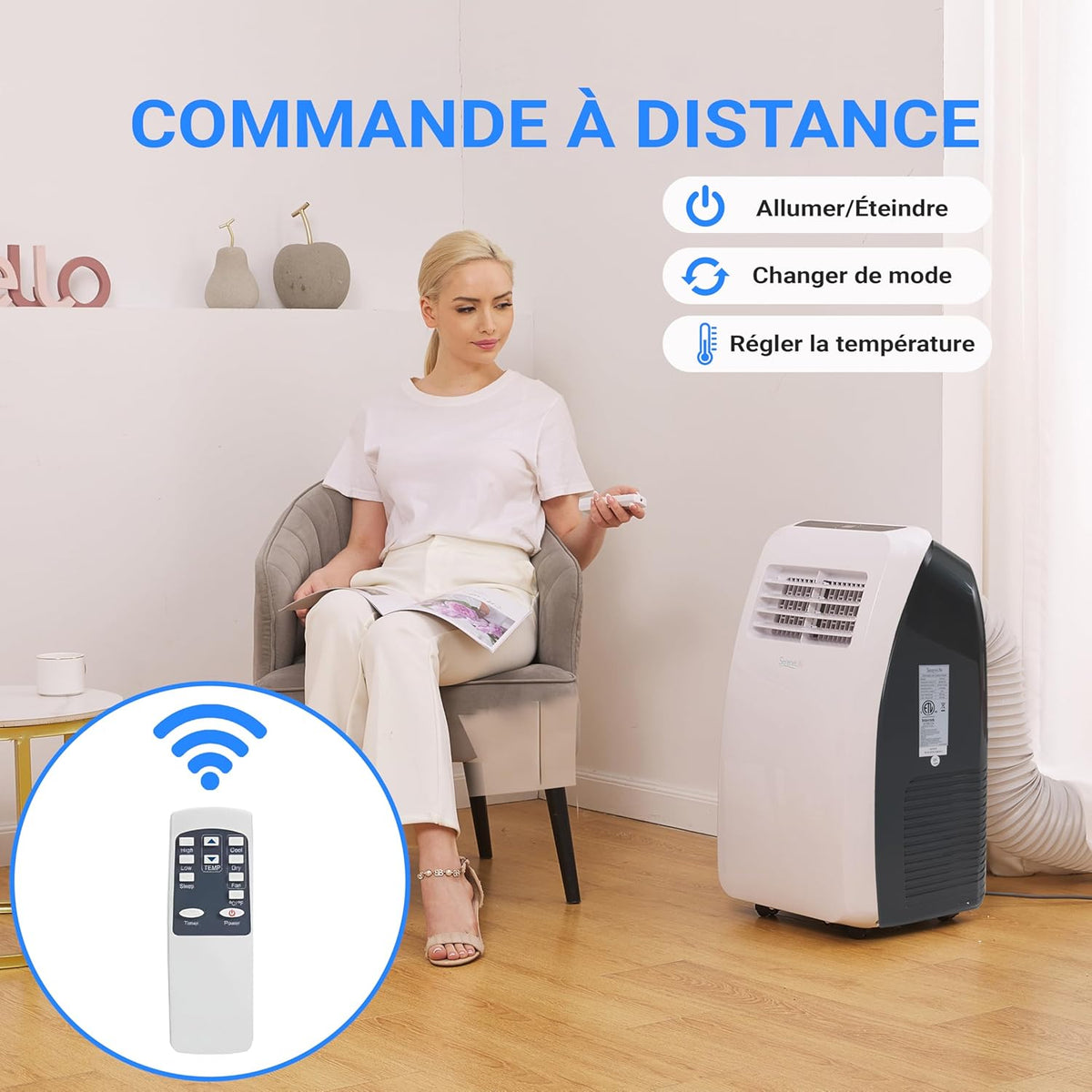 SereneLife Climatiseur Mobile Silencieux 7K BTU  Climatiseur Portable 3-en-1 avec Fonction Déshumidificateur Intégrée  Mode Ventilateur  Télécommande  Kit d'évacuation Complet pour Fenêtre Blanc