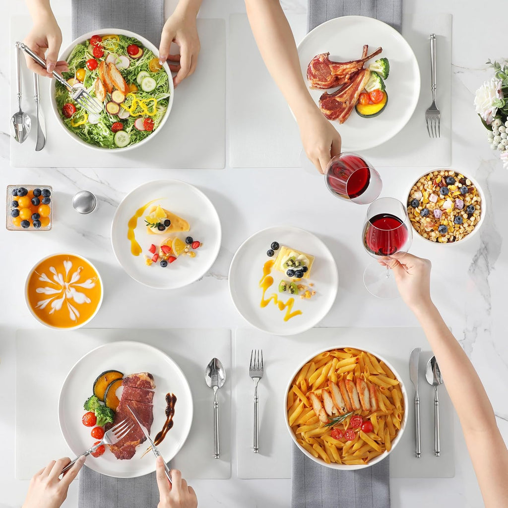MALACASA, Série LEAH, Service de Table 24 Pièces en Porcelaine pour 6 Personnes | avec 6 Assiettes Plates, 6 Assiettes à Dessert, 6 Bols à Céréales et 6 Bols à Pate | Passe au Lave-vaisselle | Blanc