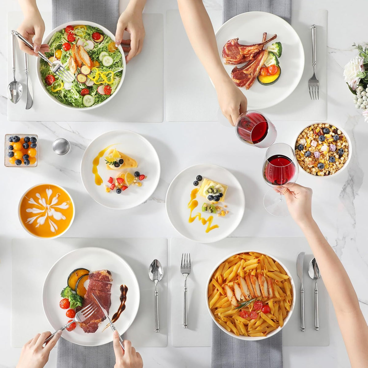 MALACASA, Série LEAH, Service de Table 24 Pièces en Porcelaine pour 6 Personnes | avec 6 Assiettes Plates, 6 Assiettes à Dessert, 6 Bols à Céréales et 6 Bols à Pate | Passe au Lave-vaisselle | Blanc