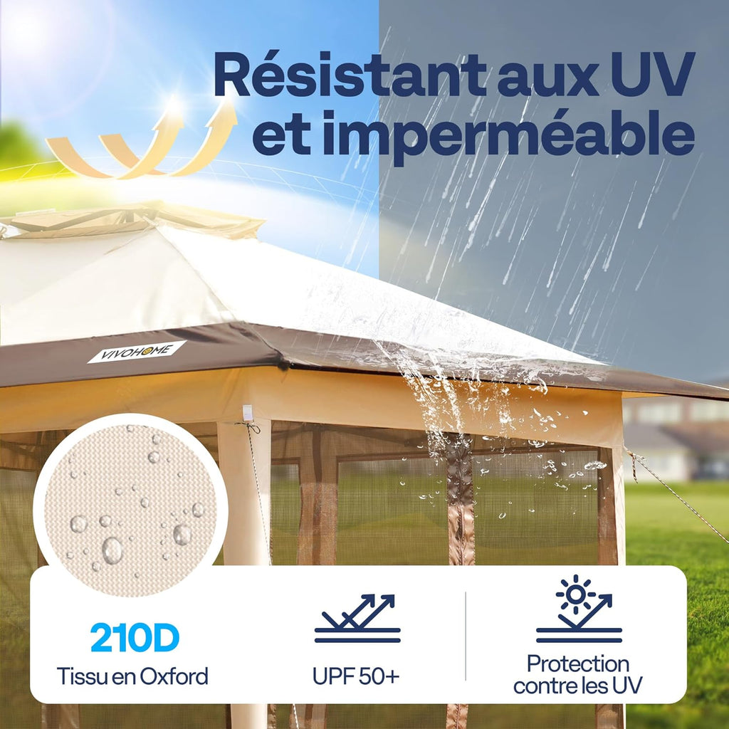 VIVOHOME Tente écran Tonnelle Pliante Portable résistant à l'eau Barnum Pavillon de Jardin avec Moustiquaire 2 Portes à Fermeture éclair et Sac Roulant (Beige & Marron, 3x3 m)