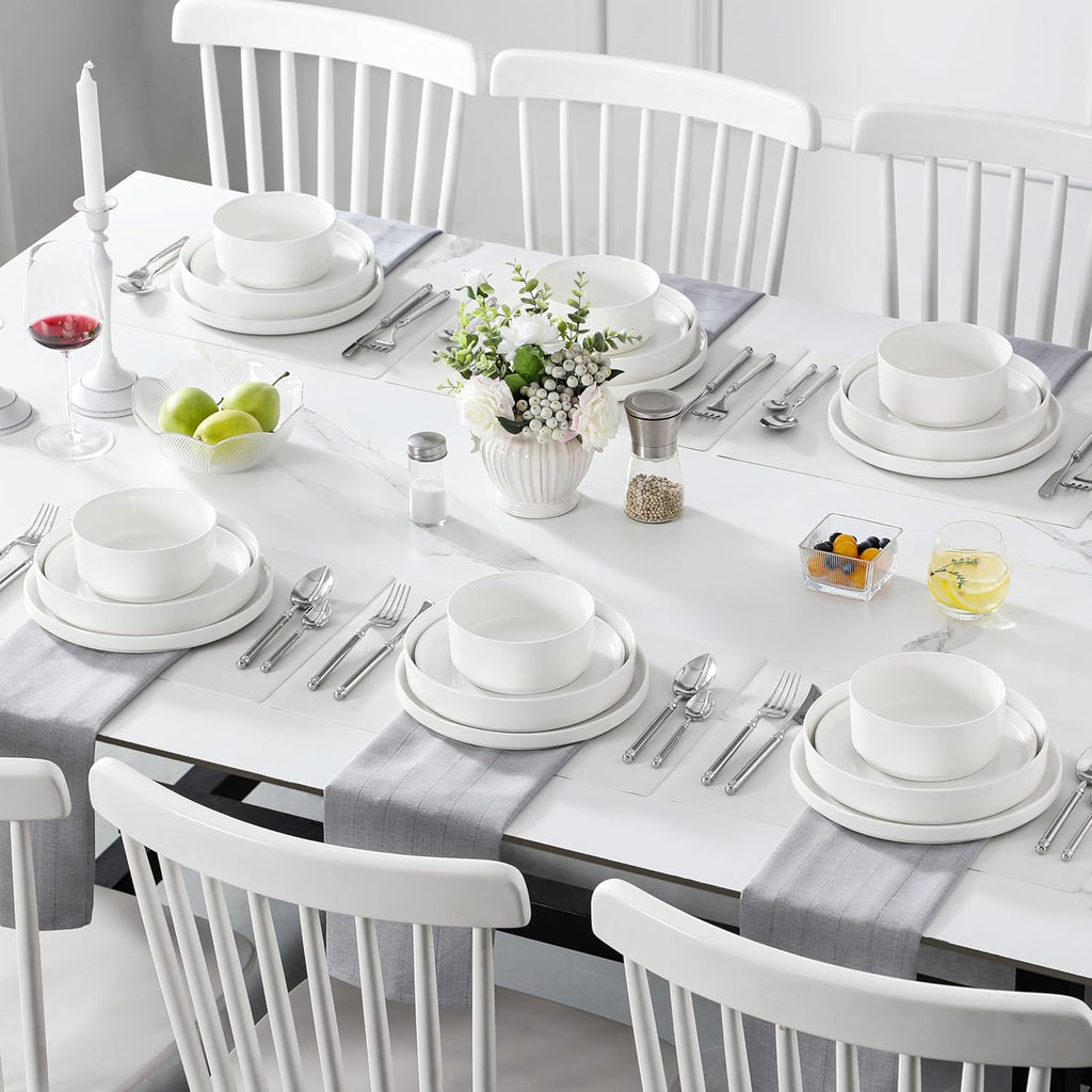 MALACASA, Série LEAH, Service de Table 24 Pièces en Porcelaine pour 6 Personnes | avec 6 Assiettes Plates, 6 Assiettes à Dessert, 6 Bols à Céréales et 6 Bols à Pate | Passe au Lave-vaisselle | Blanc