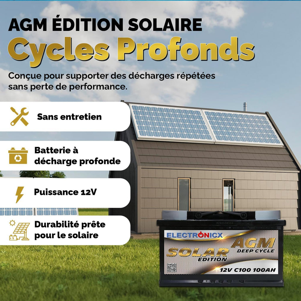 Batterie Solaire AGM 12V 100Ah Décharge Profonde sans Entretien pour Camping-Car, Voiture, Bateau, Jardin et Systèmes Solaires Autonomes Batterie énergie Electronicx Solar Edition