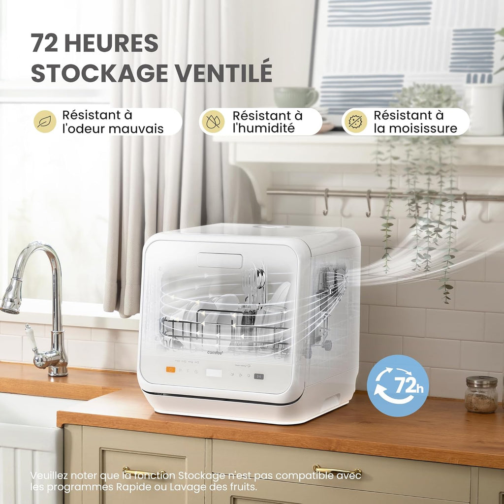 COMFEE' Lave-vaisselle de comptoir, mini lave-vaisselle de table avec 6 programmes, lavage à la vapeur,Soins pour bébé et lavage des fruits, sans plomberie, démarrage différé, 72Heures stockage, blanc