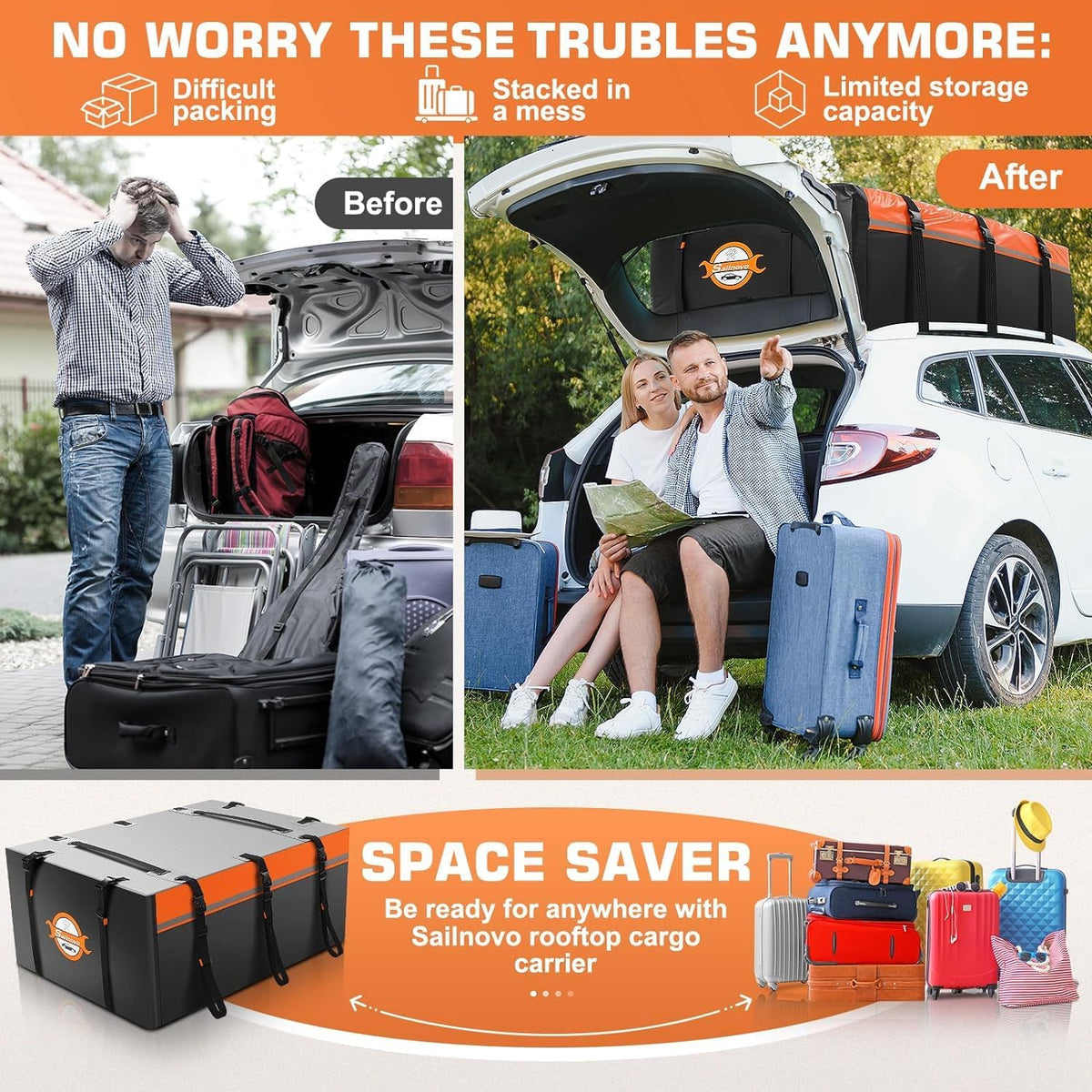 Sailnovo Coffre de Toit Souple de 0,6 m3 avec Tapis antidérapant + 6 Crochets de Porte, Sac de Toit imperméable en PVC pour Voiture avec/sans Porte-Bagages, Noir