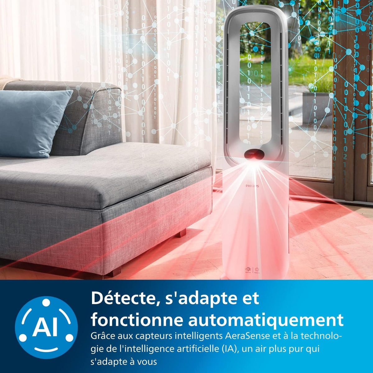 Philips Air Performer 2-en-1 : Purificateur & Ventilateur Rafra?chisseur – Nettoie 70m2, élimine 99,97% des Allergènes et Polluants. Filtre HEPA, Capteurs Intelligents, Alexa, Application (AMF765/10)