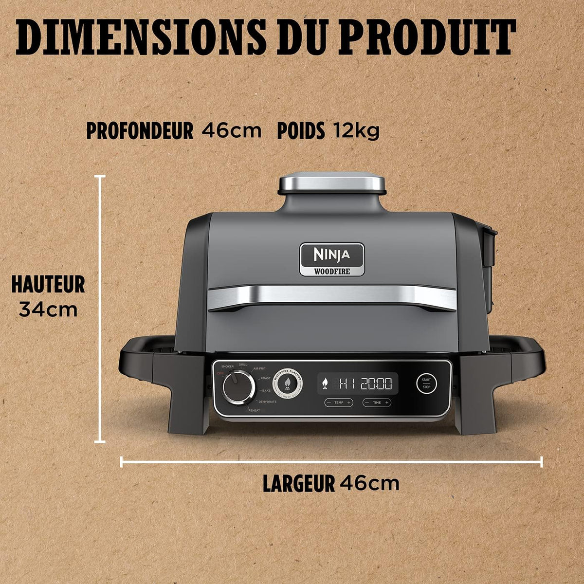 Ninja Woodfire barbecue électrique, grill, fumoir & air fryer, barbecue extérieur 7 en 1, grill, air fryer, fumer, r?tir, four, résistant aux intempéries, antiadhésif, portatif, gris/noir OG701EU