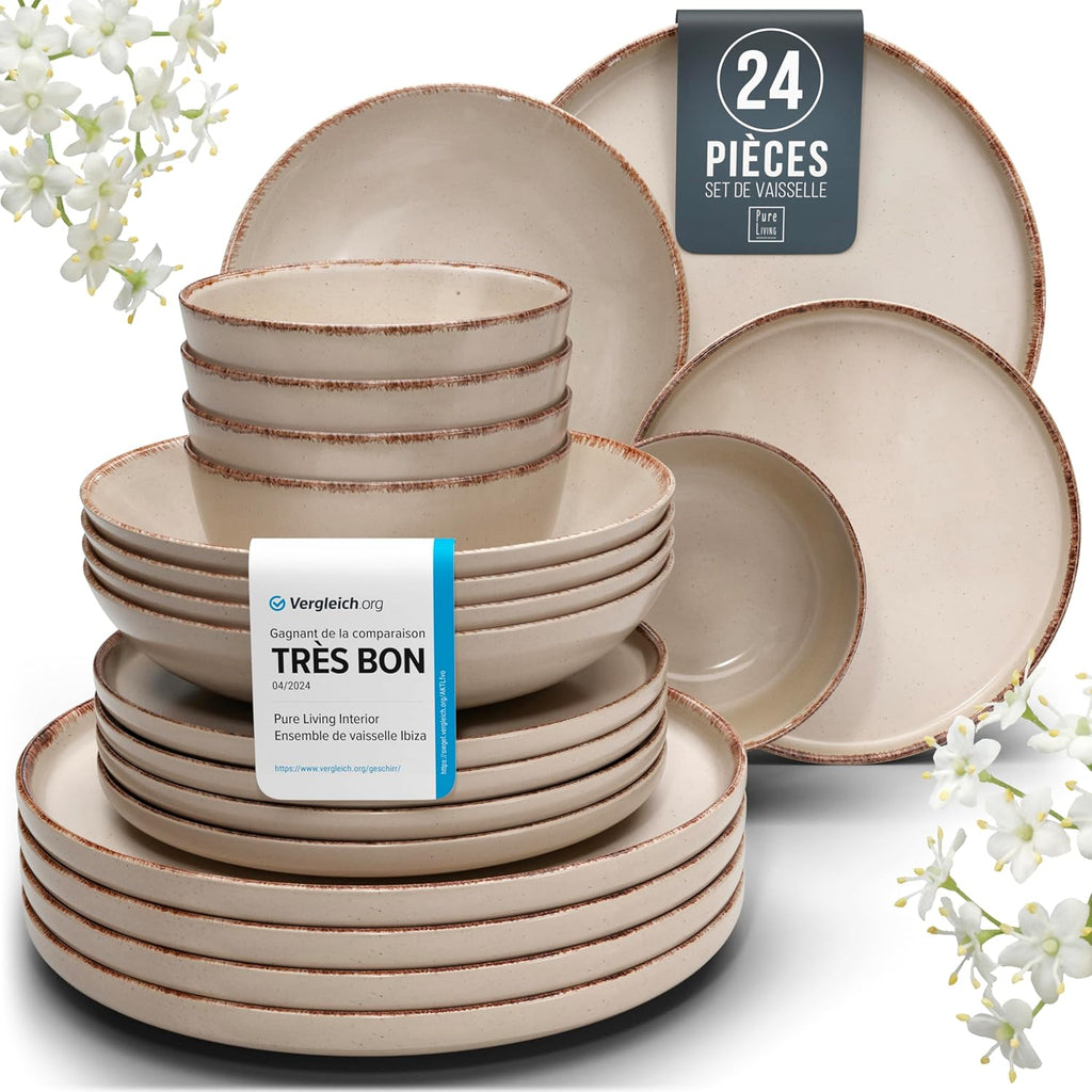 Ensemble Vaisselle en Grès 6 Personnes Rustique 24 pièces - Service de Table Rustique, Lavable au Lave-Vaisselle - Ensemble de Bols et Assiettes - Vaisselle de Table Pure Living en beige