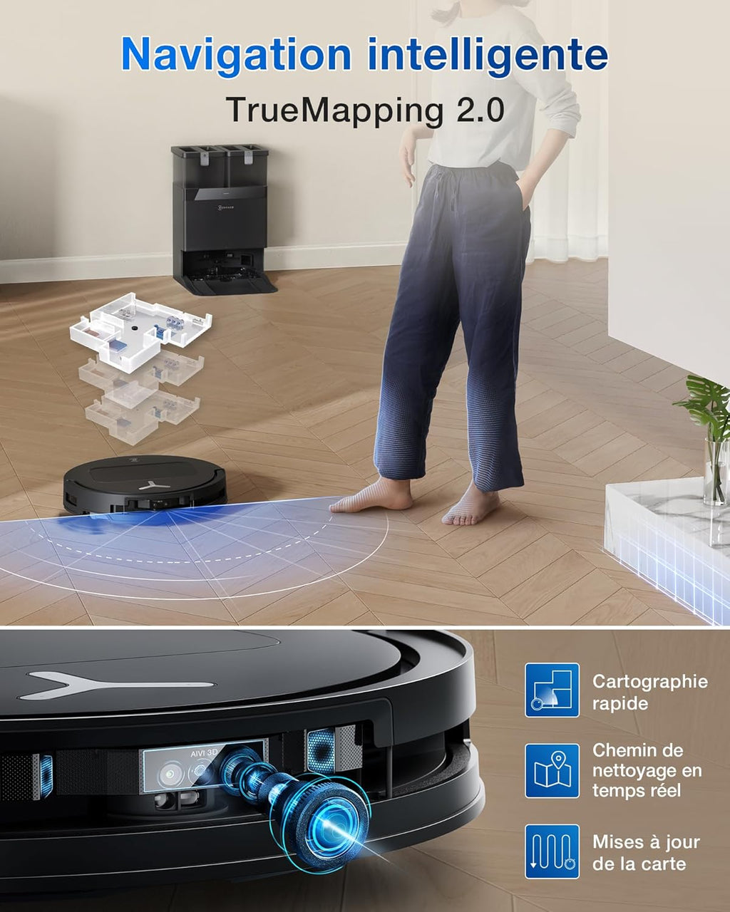 ECOVACS T50 Omni Aspirateur Robot avec Station, Puissance 15000Pa amélioré par T30 Pro Omni, Brosse latérale et serpillière Extensibles, ZeroTangle 2.0, AIVI 3D 2.0, Lavage à l'eau Chaude 75℃, Blanc
