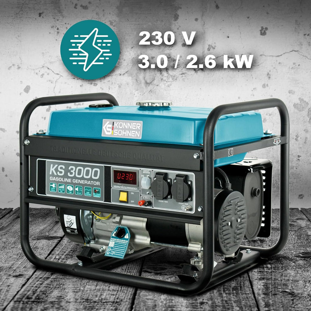 Groupe électrogène à essence KS 3000 puissance max 3000 W, prises Schuko 2x16A (230 V), EURO-V, régulateur de tension automatique (AVR),moteur électrique enroulement 100% cuivre,generateur de courant
