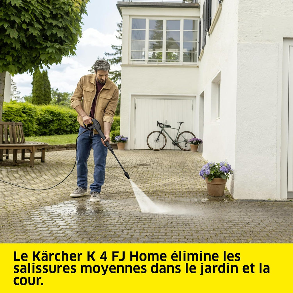 K?rcher Nettoyeur Haute Pression K 4 FJ Home, Pression max. 130 bar, Débit : 420 l/h, Surface : 30 m2/h, Filtre à Eau, Poids : 5,7 kg, Pistolet HP, Rotabuse, Lance Vario Power, Buse à Mousse, Home Kit