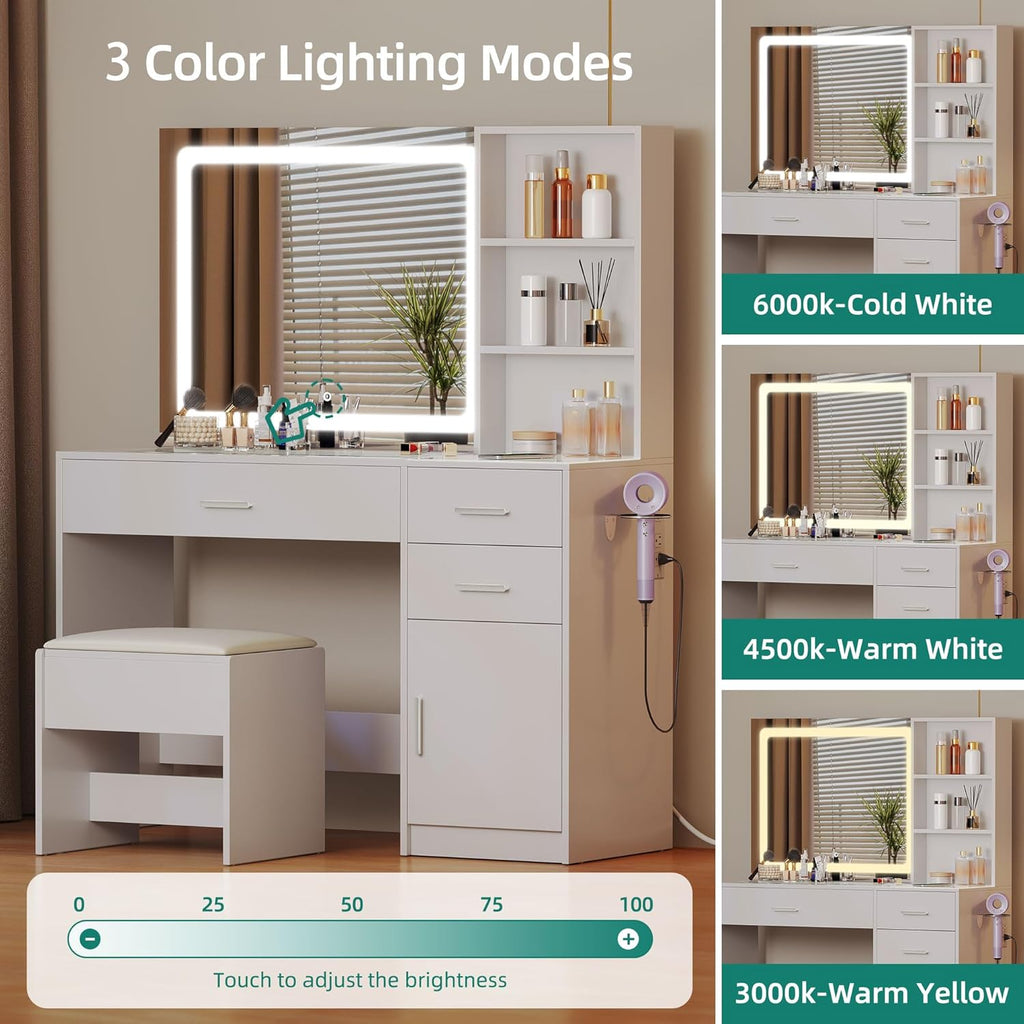 YITAHOME Coiffeuse avec Miroir LED à Luminosité Réglable, Table de Maquillage avec 3 Tiroirs et 2 étagères de Rangement Armoire Rangement Coiffeuse avec Tabouret Prise Commode Blanche