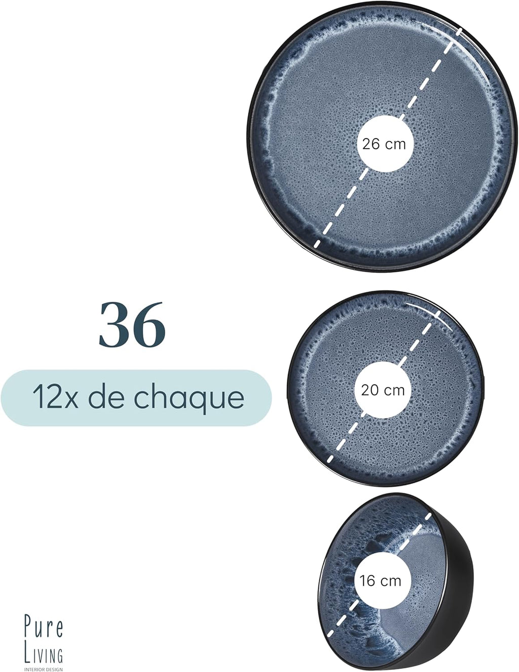 Service de Vaisselle en Grès Ibiza 36 pièces –Ensemble de Vaisselle pour 12 Personnes, Adapté au Lave-Vaisselle et au Micro-Ondes, Pure Living bleu fumé, Assiettes Service de Table