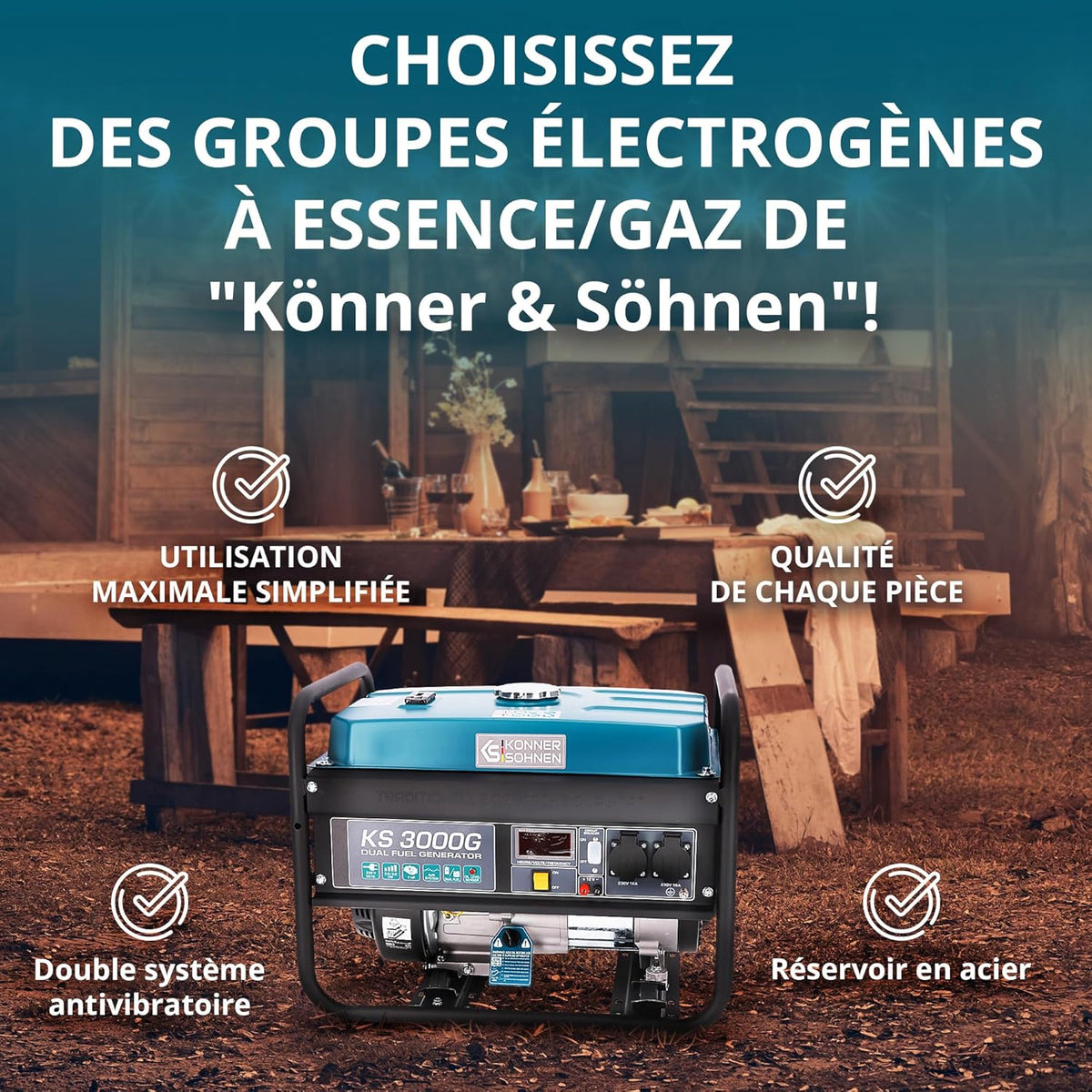 Groupe électrogène à essence KS 3000G generateur a gaz,puissance max 3000 W, 2x16A Schuko (230 V) EURO-V, régulateur de tension AVR,enroulement cuivre,generateur de courant, générateur hybride
