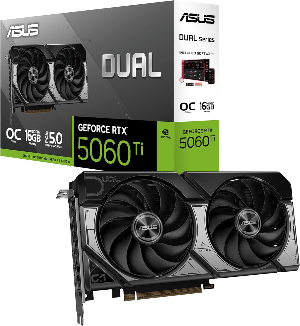 Asus Dual NVIDIA GeForce RTX 5060 Ti 16GB GDDR7 OC Edition – Carte Graphique (PCIe 5.0  DLSS 4  HDMI 2.1b  DisplayPort 2.1b  2.5-Slot  Ventilateurs axiaux  Technologie 0dB  Dual BIOS)