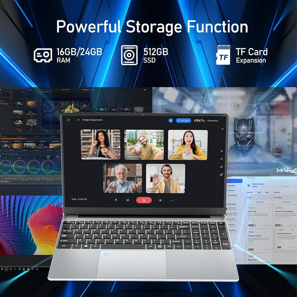Ordinateur Portable 15 6 Pouces  PC Portable Celeron N5095 CPU  16Go RAM 512Go SSD Laptop Win11 FHD 1920 x 1080  Rétroéclairé & Déverrouillage Empreinte  Webca  Wi-FI 5  BT4.2  USB 3.0 * 2