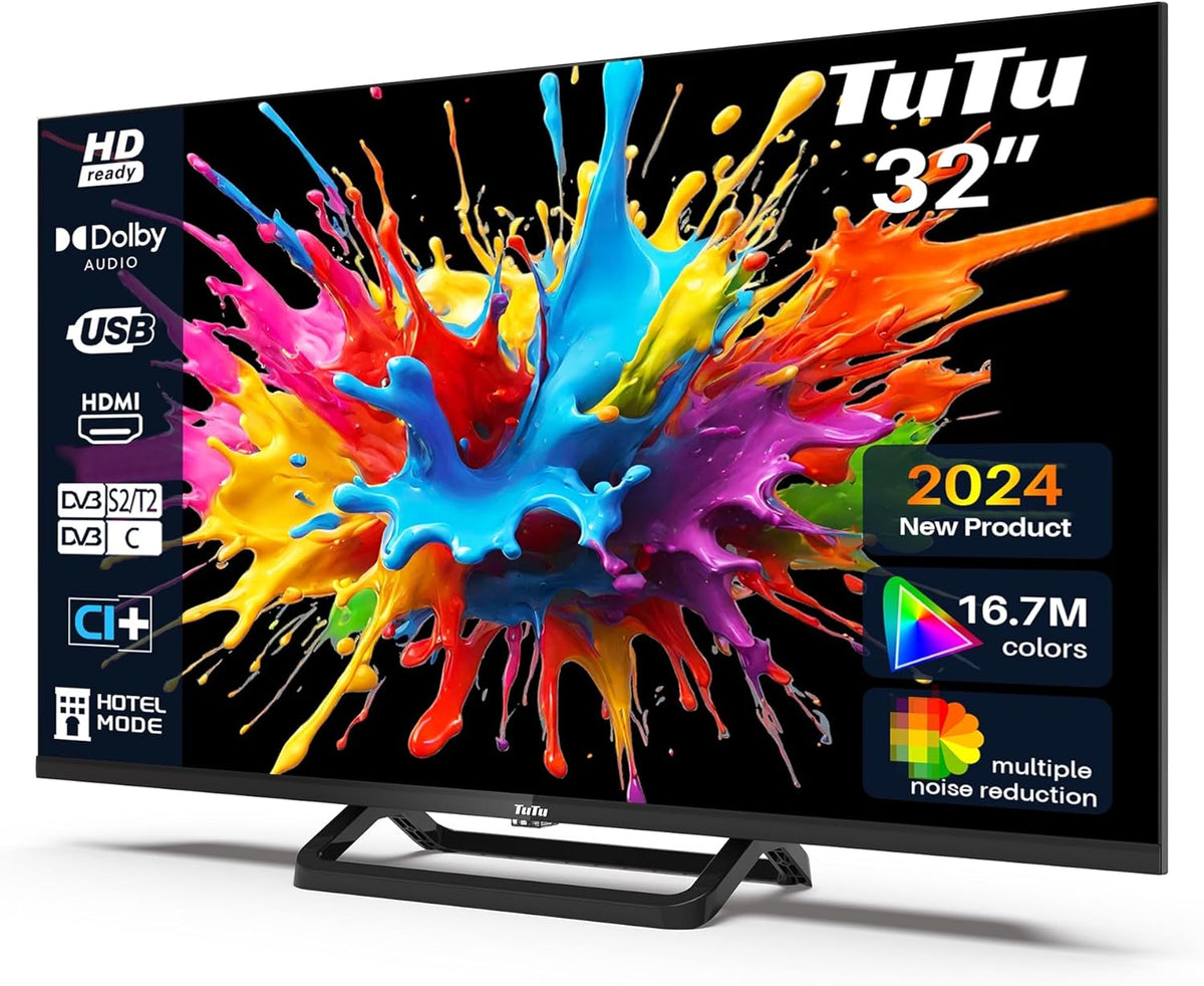 TuTu Téléviseurs 32 Pouces (80 cm) LED Central Pied TV HD Ready Triple Tuner (DVB-C / T2 / S2)  HDMI x2  CI+  Lecteur multimédia USB 2.0  Mode h?tel  Dolby Audio  2024