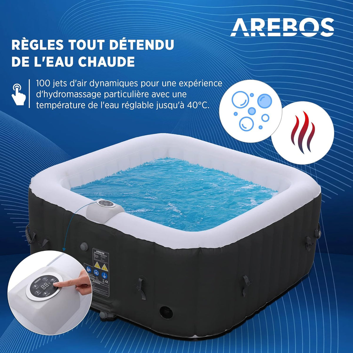 Arebos Spa Gonflable | pour l'intérieur et l'extérieur | 4 Personnes | 154x154cm | 100 Jets de Massage | Spa Bien-être Chauffage | Massage Gonflable Carré | 600 litres
