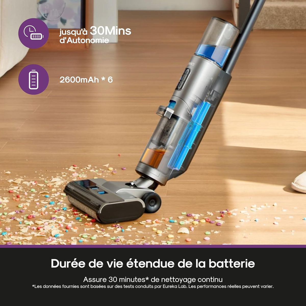 Eureka Rapidwash NEW430 Aspirateur Laveur sans Fil, 15000Pa, 0.8L/0.45L Double Réservoir pour Sols Durs et Poils d'Animaux, avec Navigation Vocale, Auto Nettoyage et Séchage