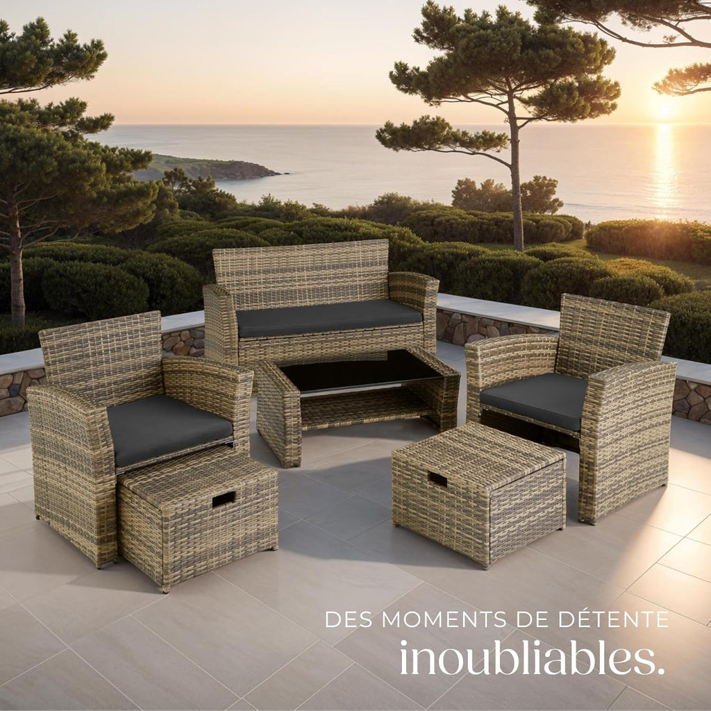 TecTake? Ensemble Salon de Jardin Exterieur en Poly Rotin 1 Banquette Exterieur 2 Fauteuil 2 Tabouret et 1 Table de Jardin, Mobilier de Jardin pour Amenagement Balcon - Marron Naturel