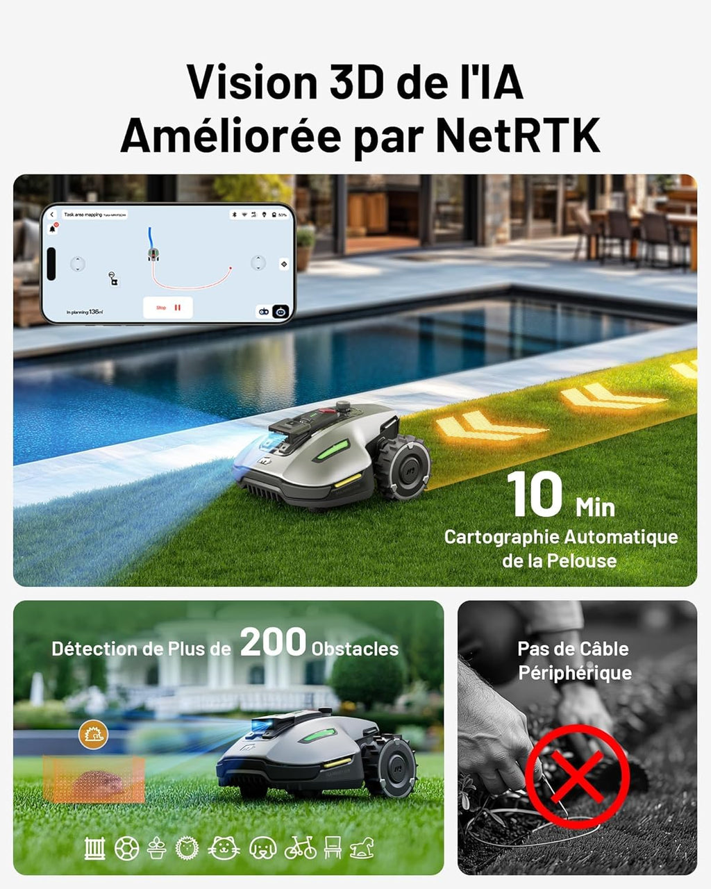 MAMMOTION YUKA Mini 700 Robot Tondeuse sans Fil Périphérique, NetRTK+Vision, Aucune Antenne RTK Requise, Recommandé 700 m2, Pente à 50%, Cartographie Automatique, avec Module 4G
